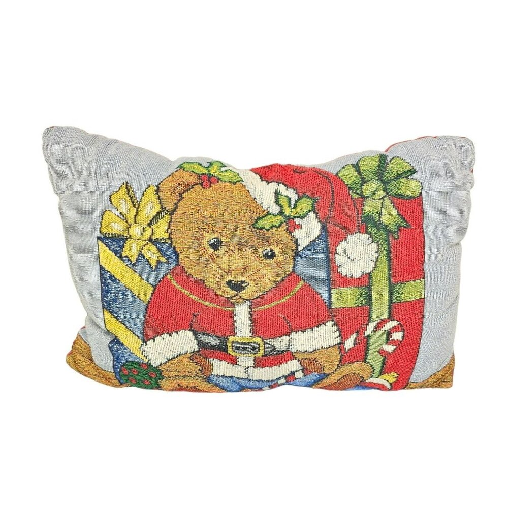 VINTAGE CHRISTMAS PRESENTS TAPESTRY COUNTRY 17" LENGTH THROW PILLOW TEDDY BEAR